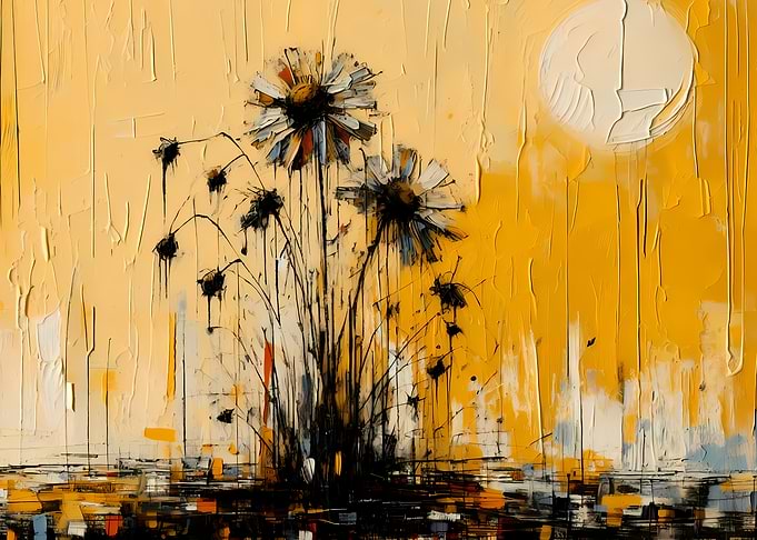 Abstract Floral Painting with Yellow Background