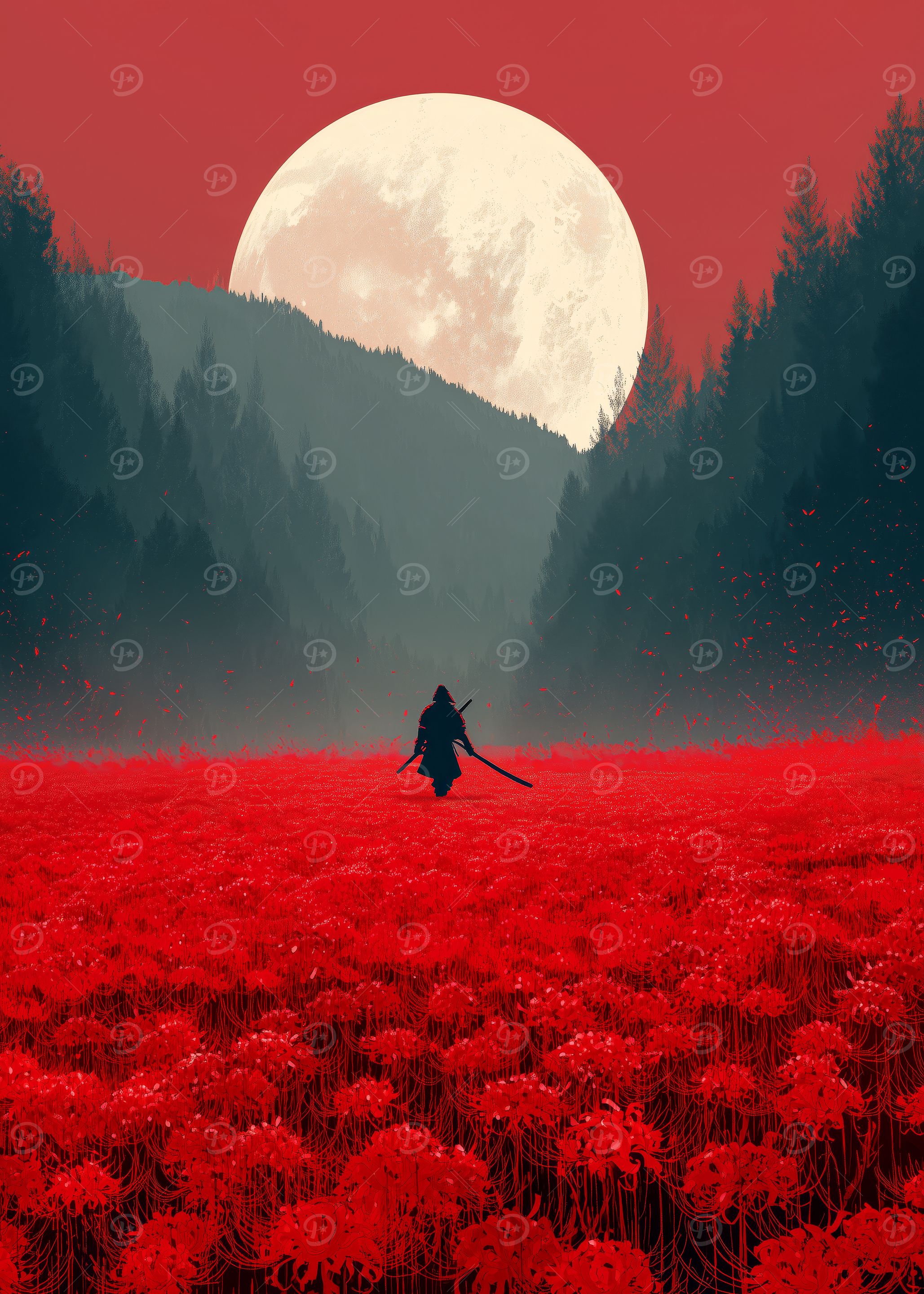 Samurai in Red Field Under Moon