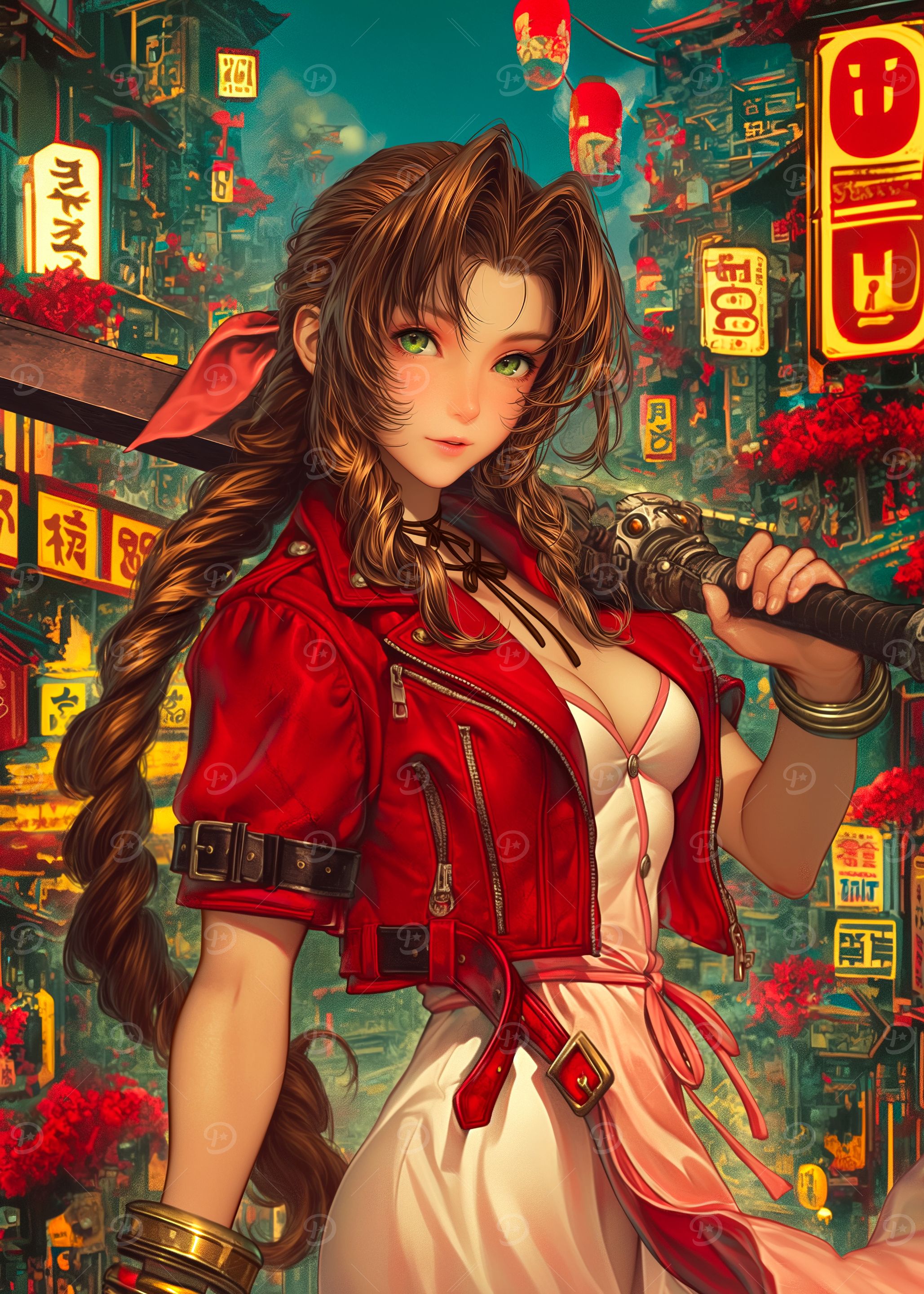 Aerith Gainsborough in Japanese Cityscape