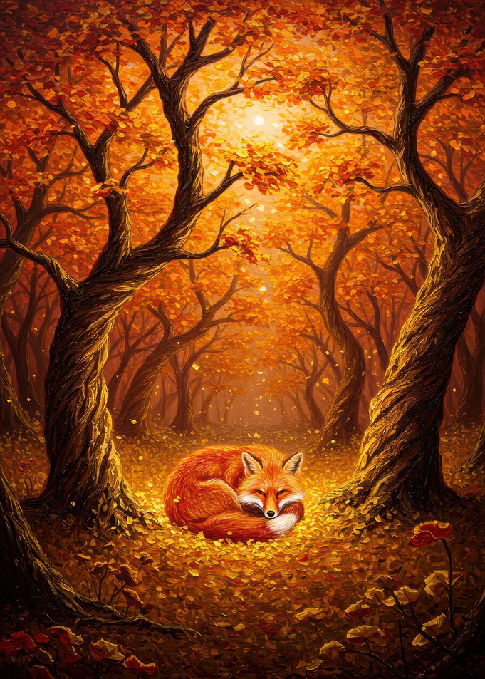 Fox Sleeping in Autumn Forest Painting