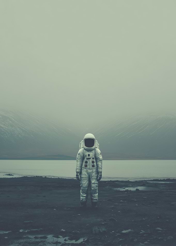 Astronaut on a desolate landscape