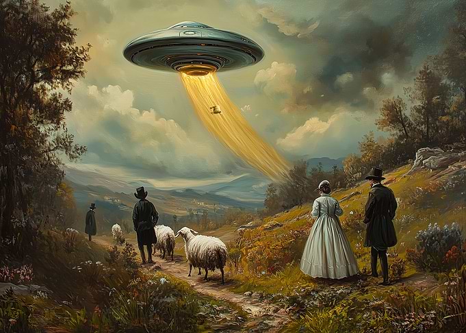 UFO over pastoral landscape painting