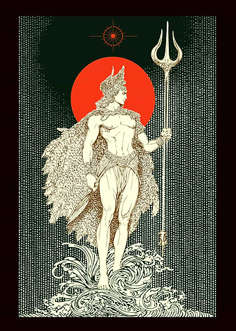 Poseidon Illustration with Trident and Waves