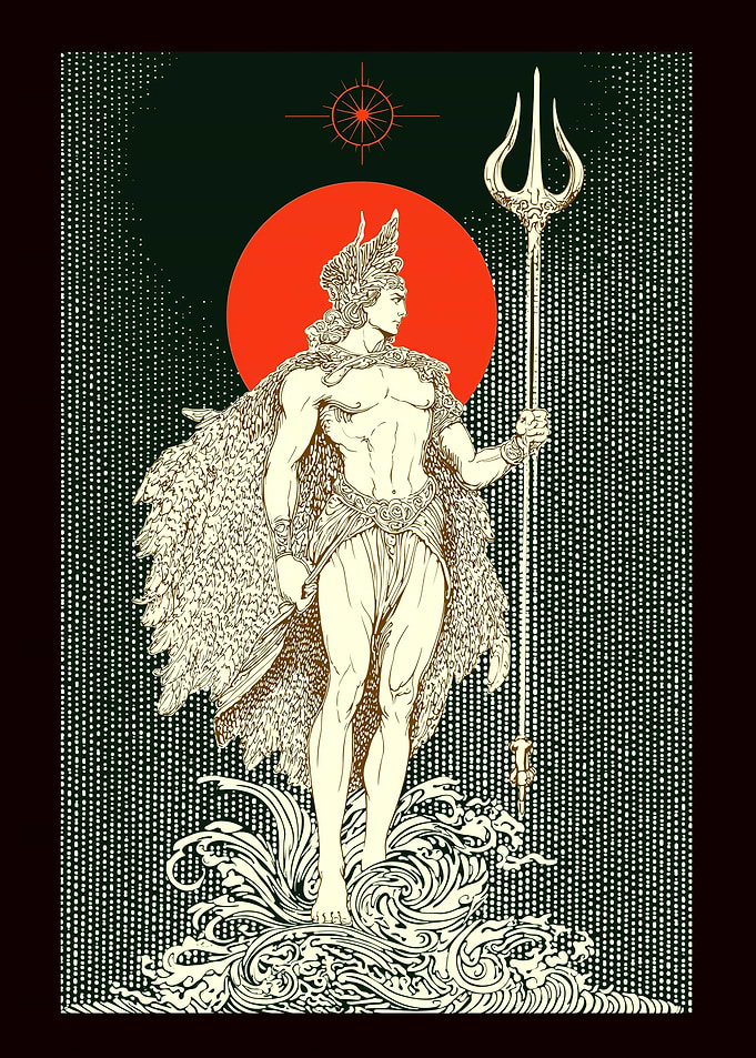 Poseidon Illustration with Trident and Waves