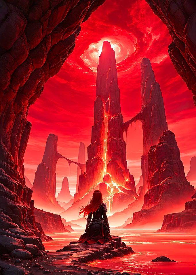 Red Lava Fantasy Landscape with Warrior