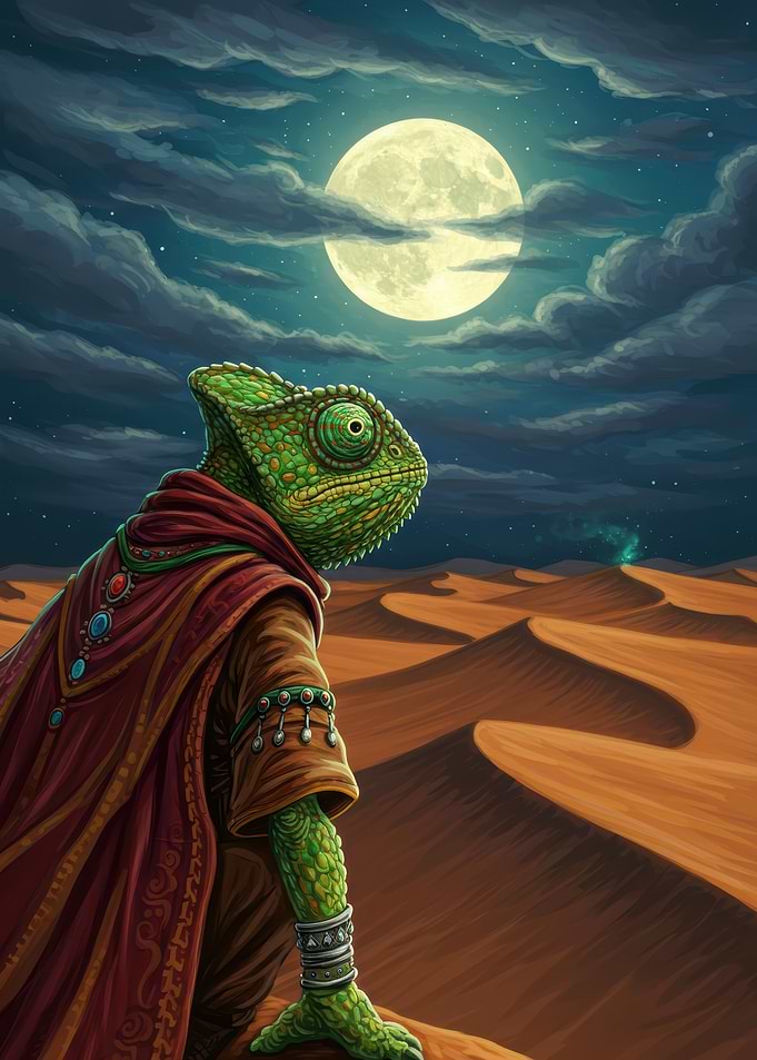 Chameleon in Desert Under Moonlight