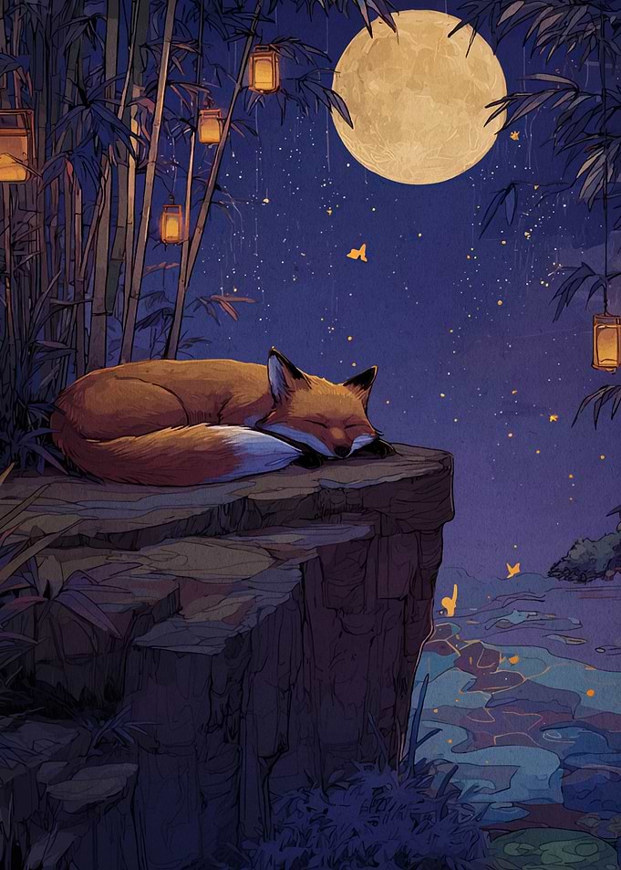 Sleeping Fox Under the Moonlight