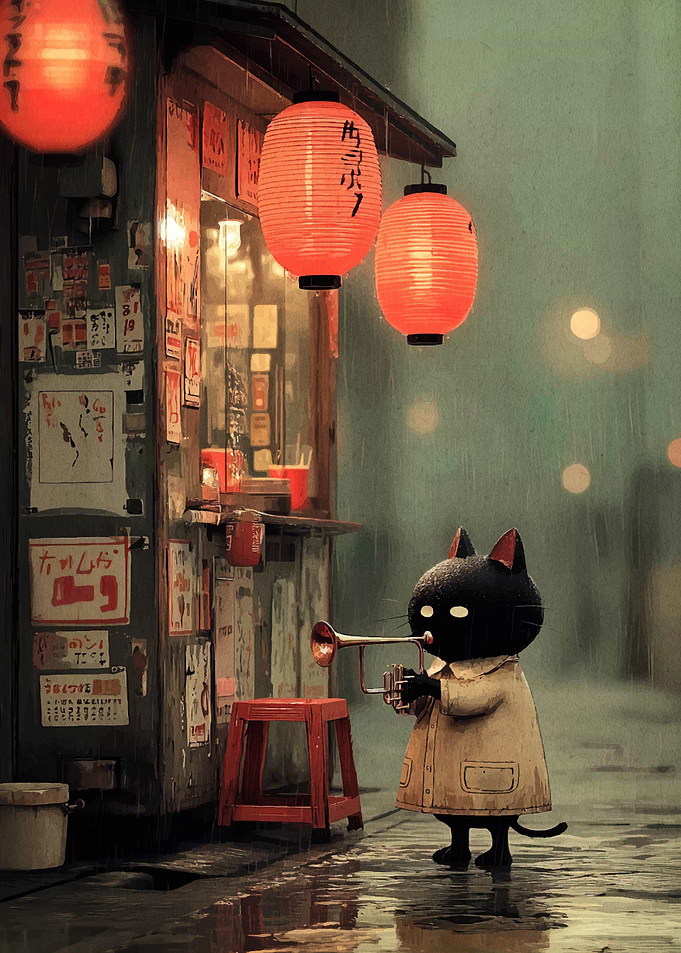 Cat playing trumpet in rainy street