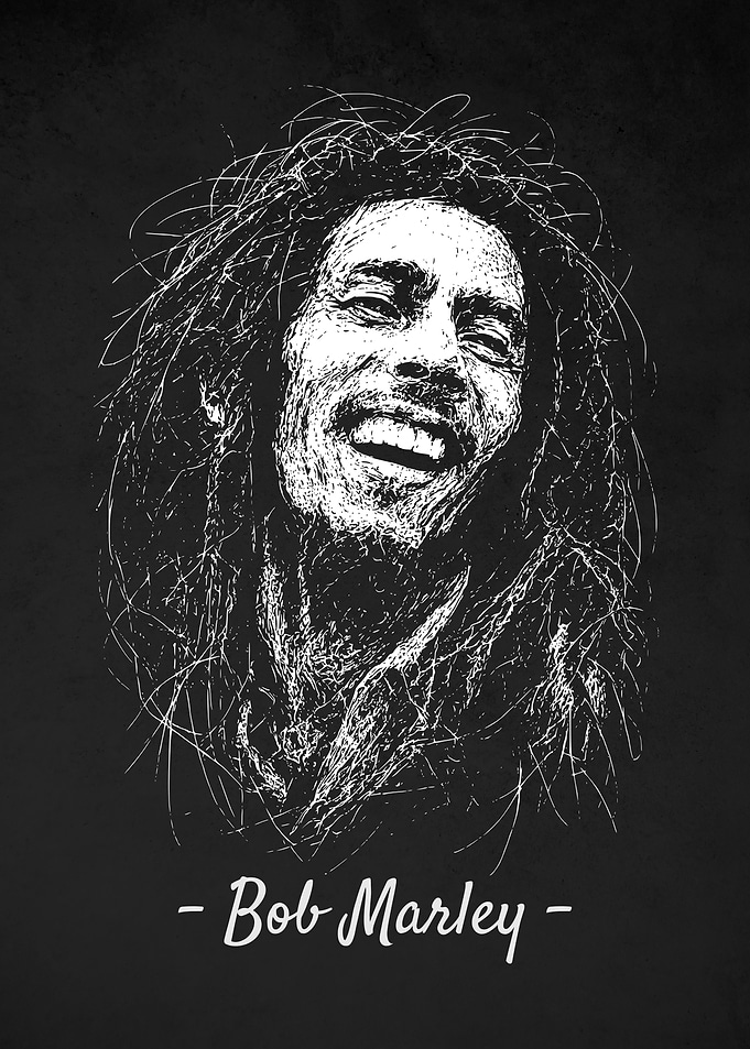 Bob Marley Portrait - Black and White Scribble Art