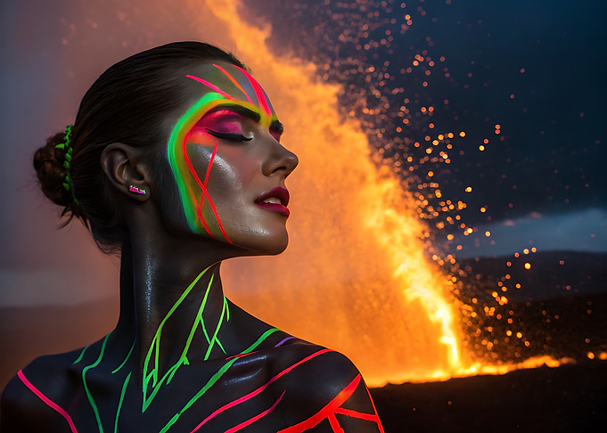 Neon Woman with Volcanic Backdrop
