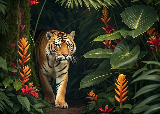 Tiger in Lush Tropical Jungle