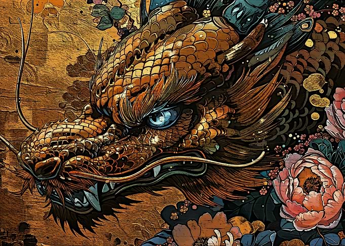 Detailed Dragon with Floral Accents