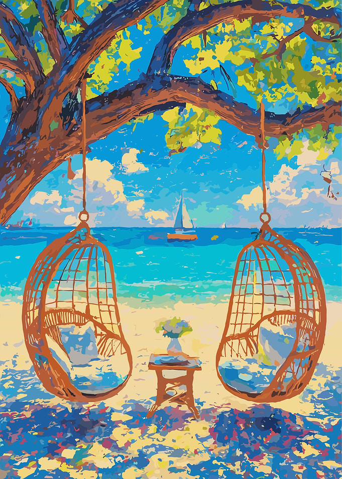 Beach Scene with Hanging Chairs Painting