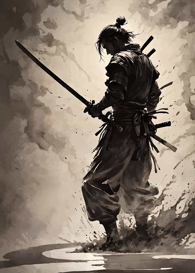 Samurai Warrior with Katana in Sepia