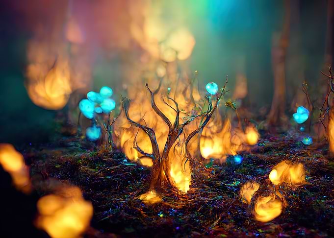 enchanted forest with glowing orbs