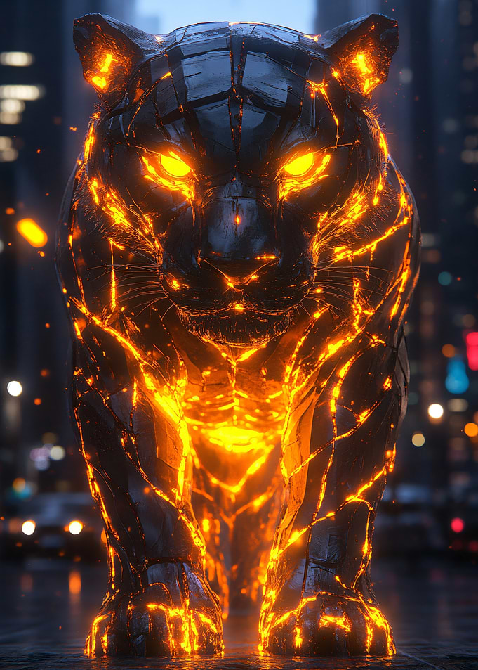 Glowing Tiger in Cityscape