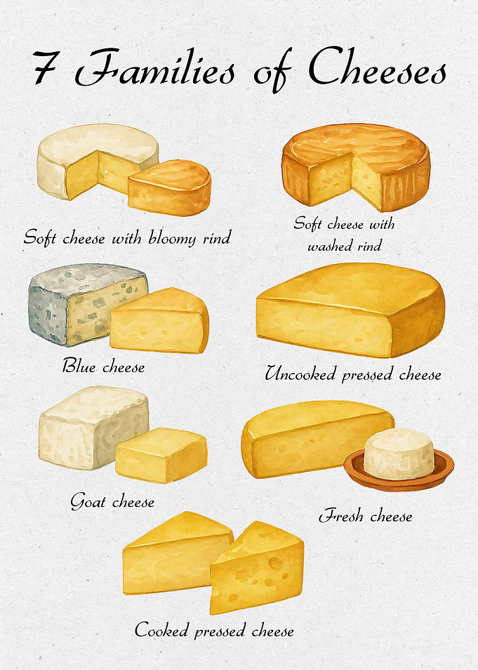 7 Families of Cheeses Watercolor Illustration