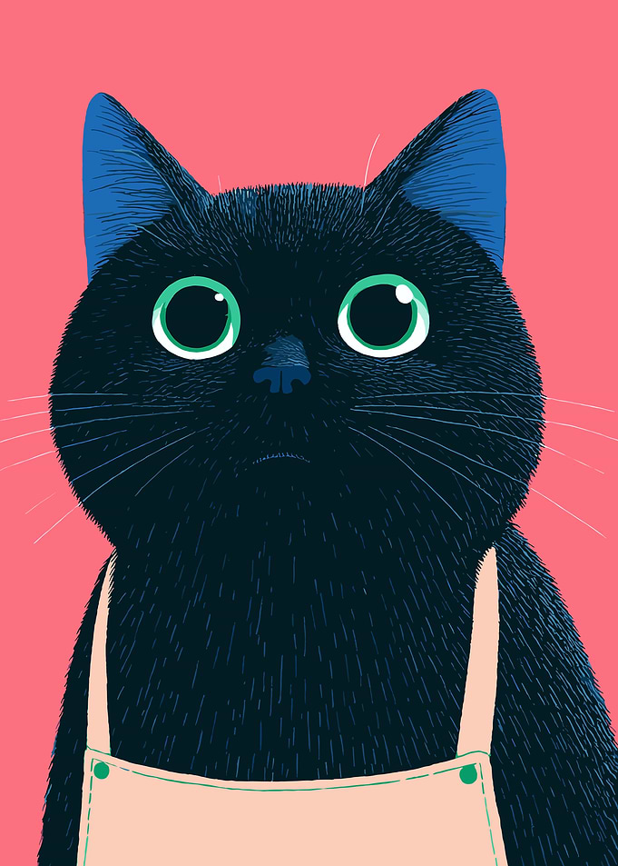 Cartoon Black Cat with Apron