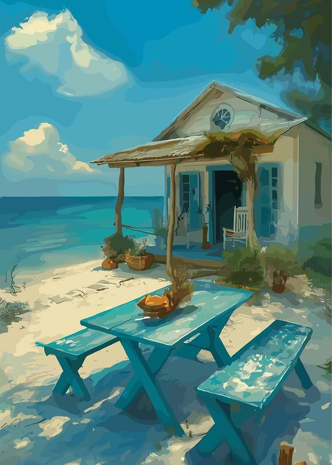 Beach House with Turquoise Picnic Table