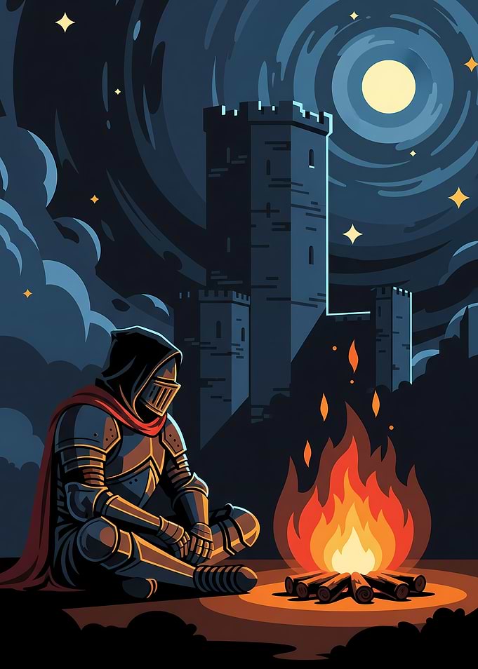 Knight by Campfire at Night