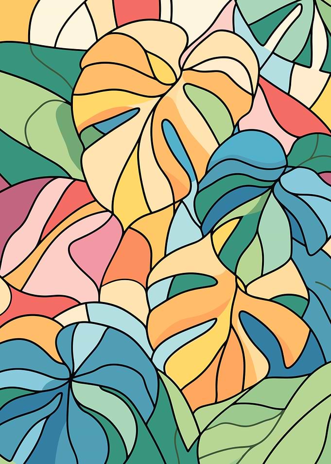 Colorful Tropical Leaves Stained Glass Style