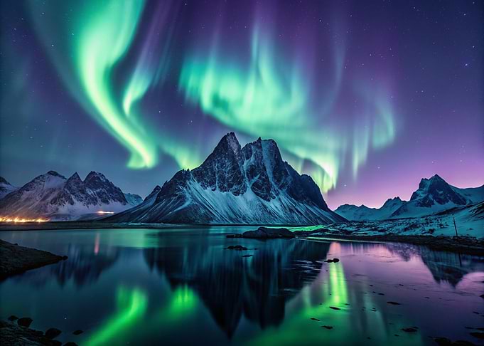 Aurora Borealis over Mountains and Lake Nature