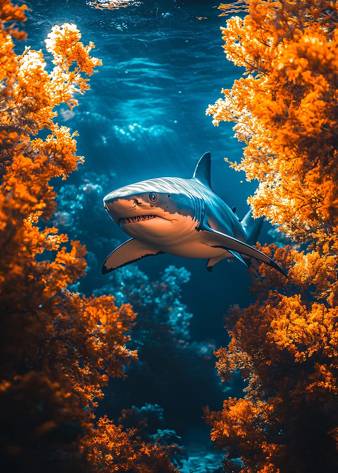 Great White Shark in Coral Reef