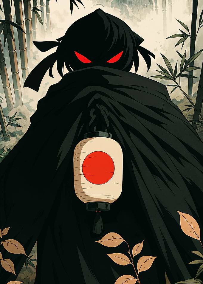 Mysterious Ninja with Lantern in Bamboo Forest