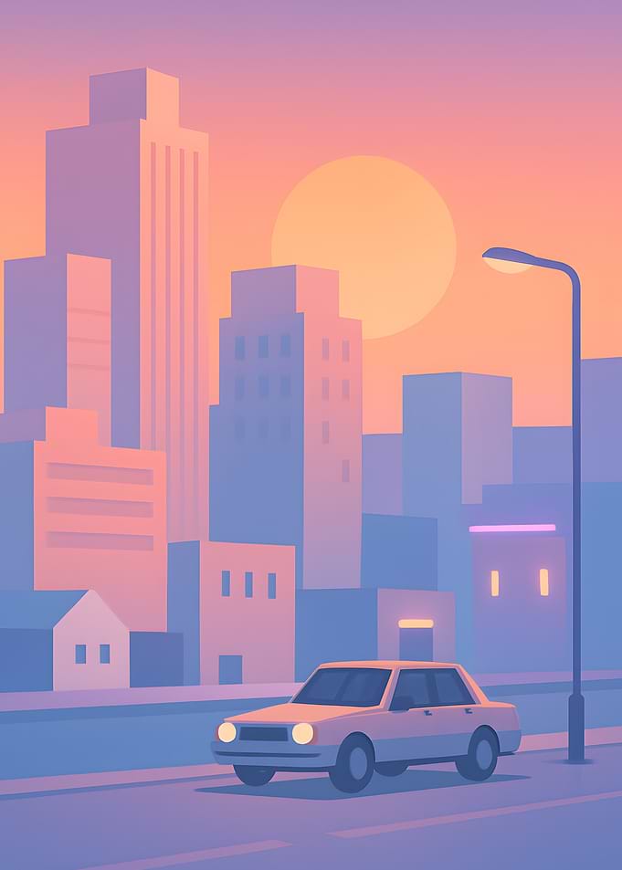 Cityscape with Car at Sunset