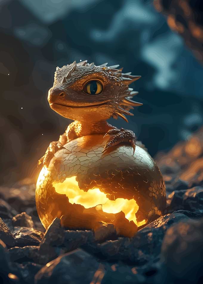 Baby Dragon Hatching from Golden Egg