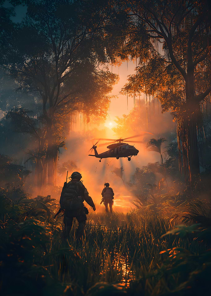 Military Operation in Jungle with Helicopter