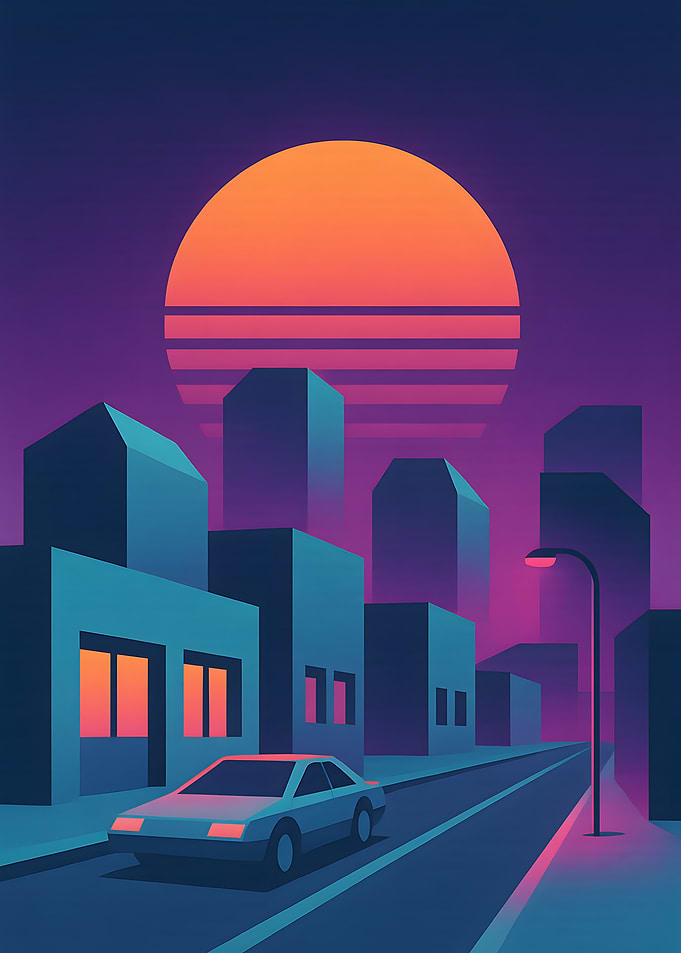 Synthwave Cityscape with Car and Sunset