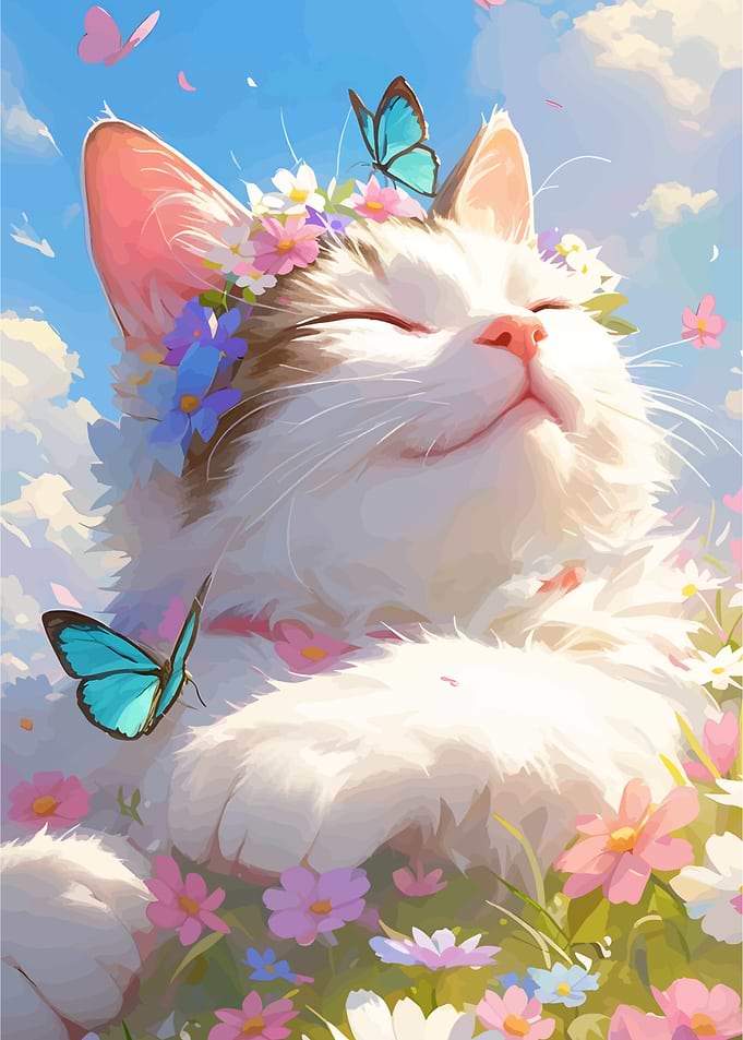 Cat with Flowers and Butterflies