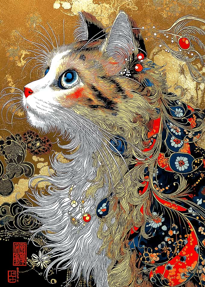 Ornate Cat Portrait with Floral Details