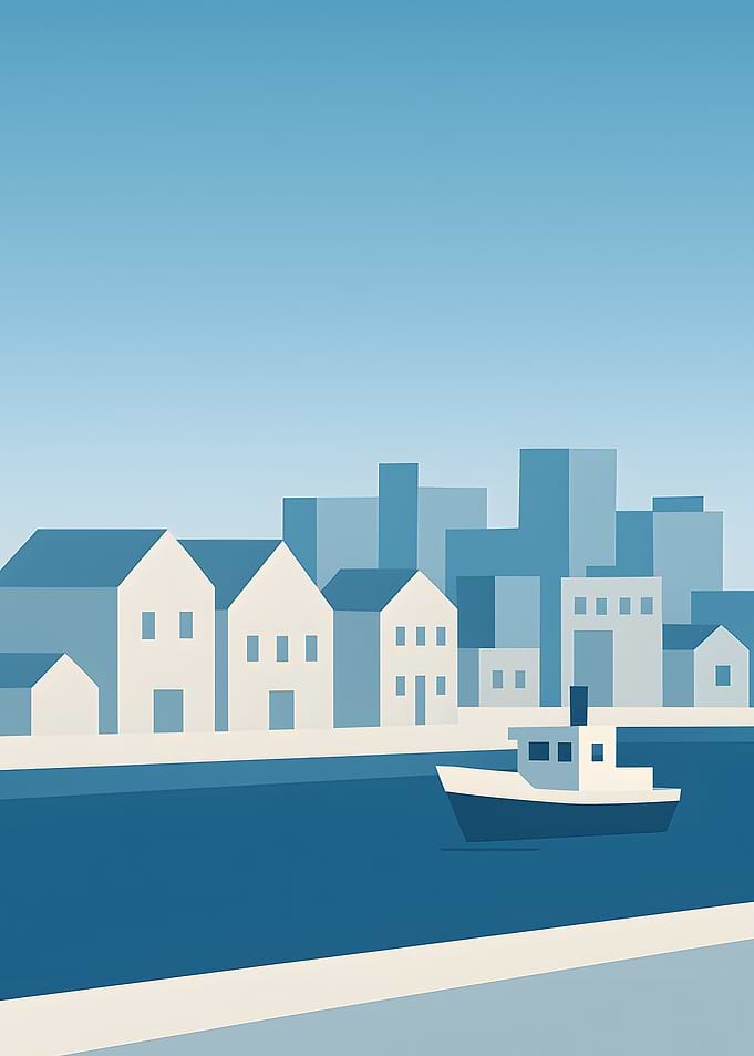 Minimalist Blue Cityscape with Boat