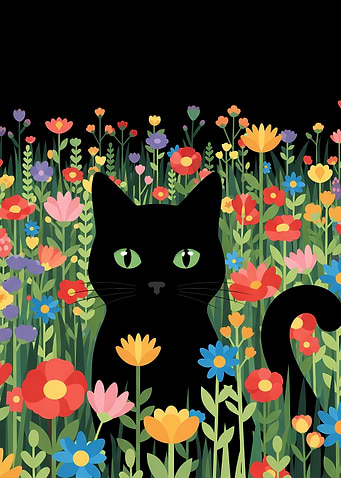 Black Cat in Colorful Flower Field