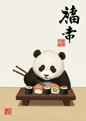 Panda eating sushi with chopsticks art