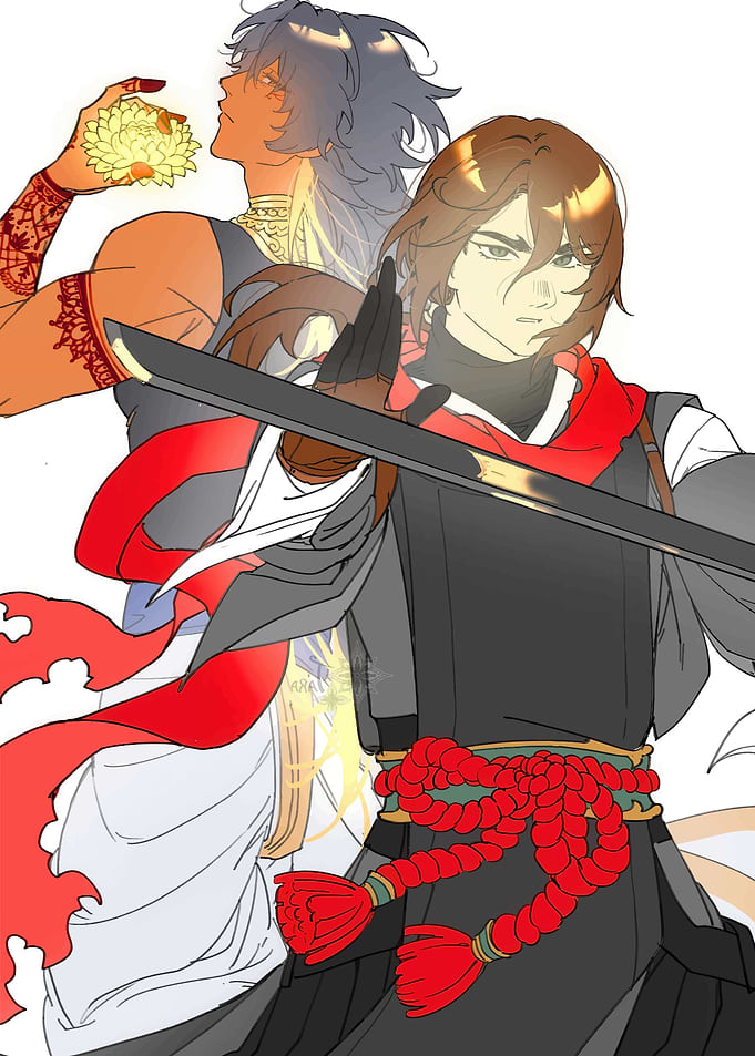 Two Characters with Sword and Flower