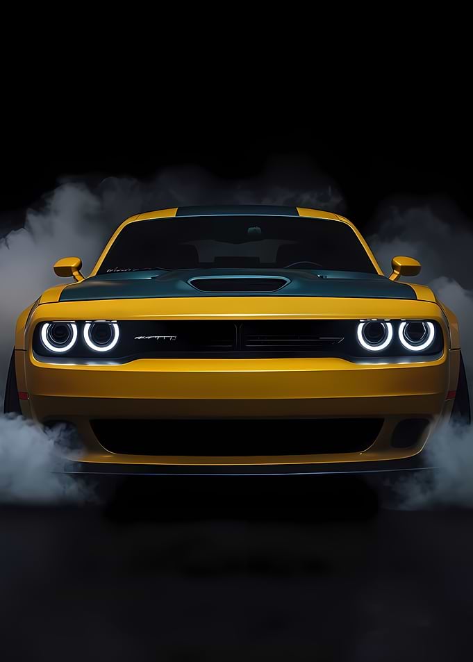 Yellow Dodge Challenger with Smoke