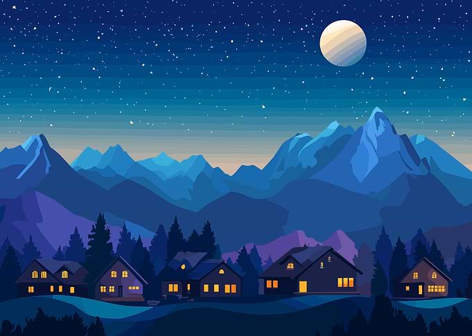 Night Mountain Village Landscape Illustration