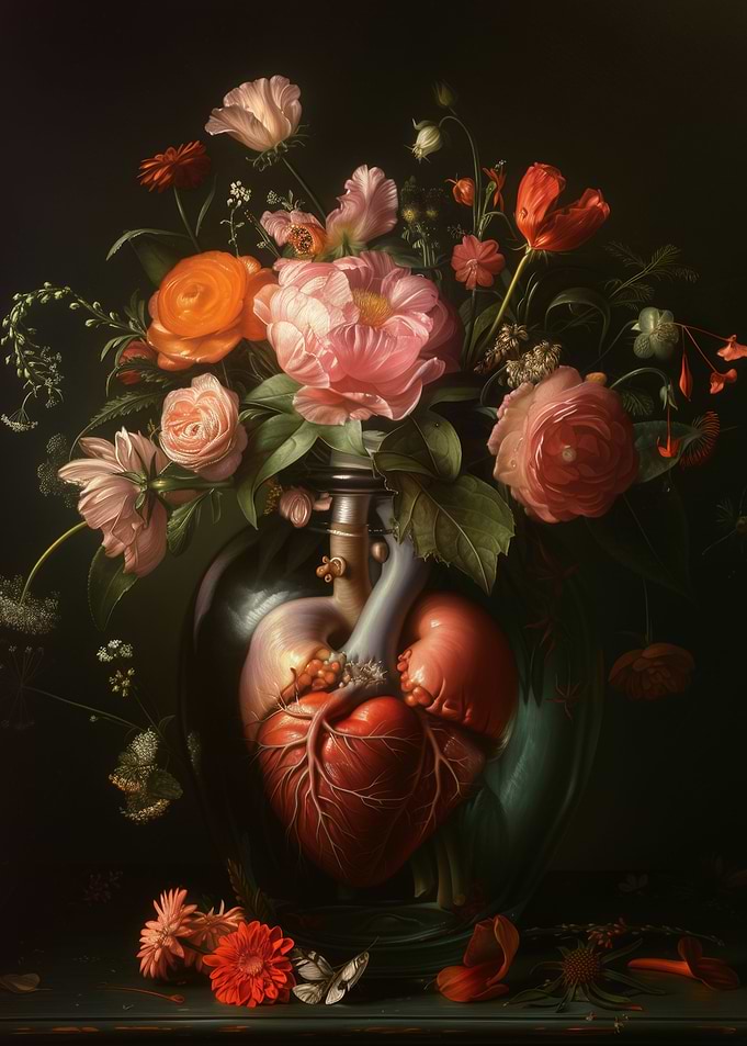 Floral Still Life with Human Heart