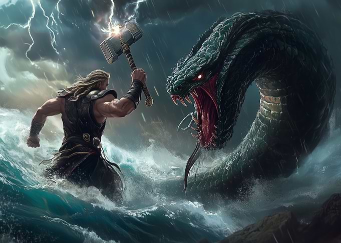 Thor vs Jormungandr in stormy sea