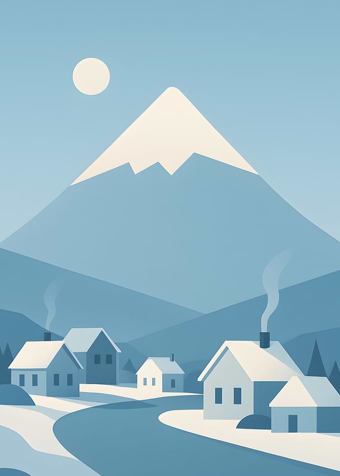 Winter Village Landscape with Mountain