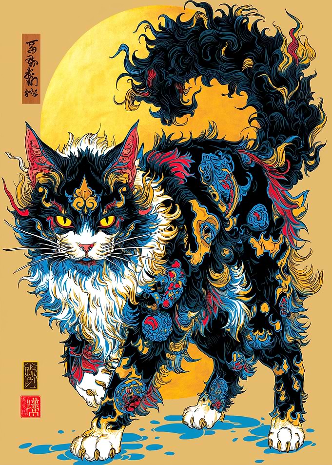 Ornate Cat Illustration with Asian Influence