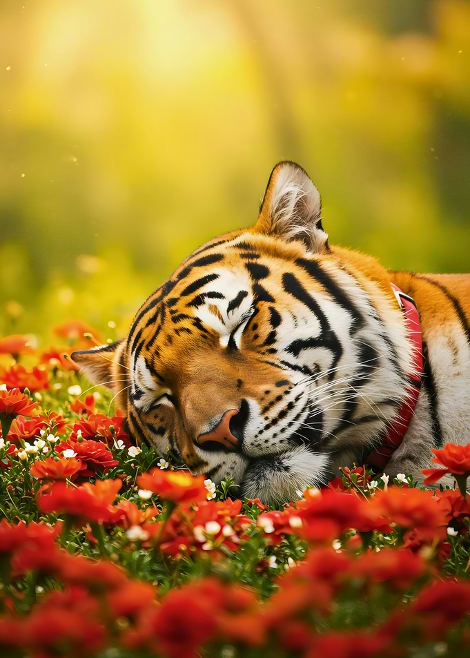 Sleeping Tiger in a Field of Flowers