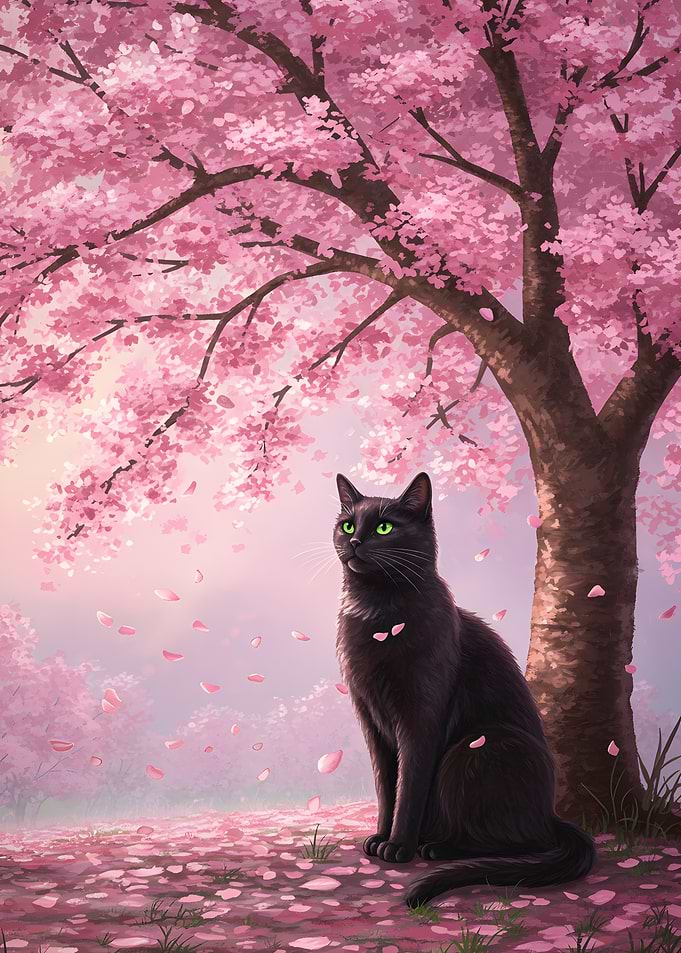 Black cat under Sakura tree