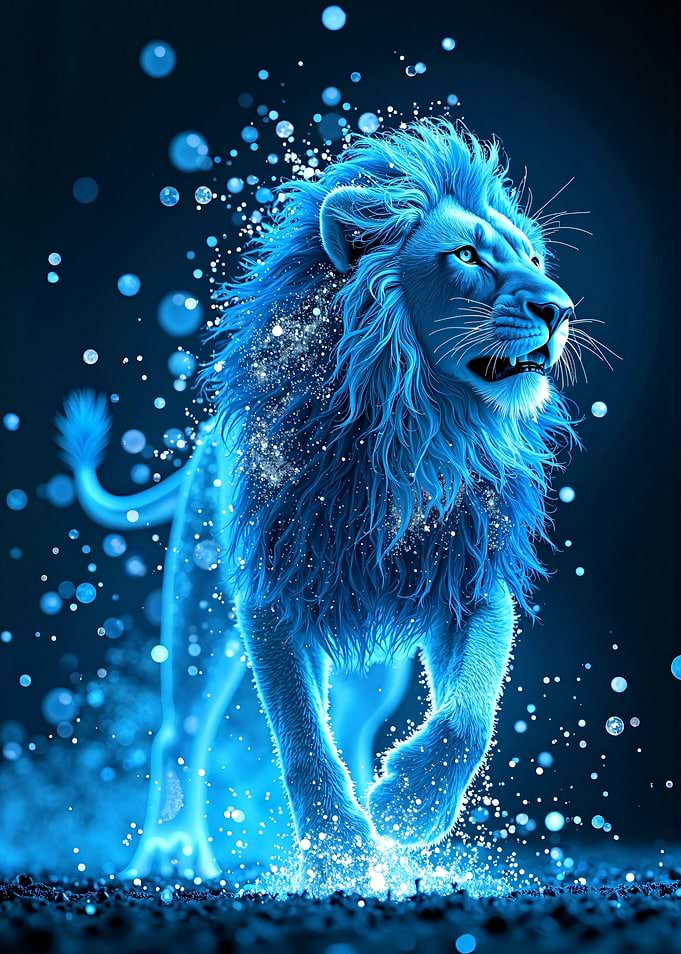 Electric Blue Lion with Sparkling Aura