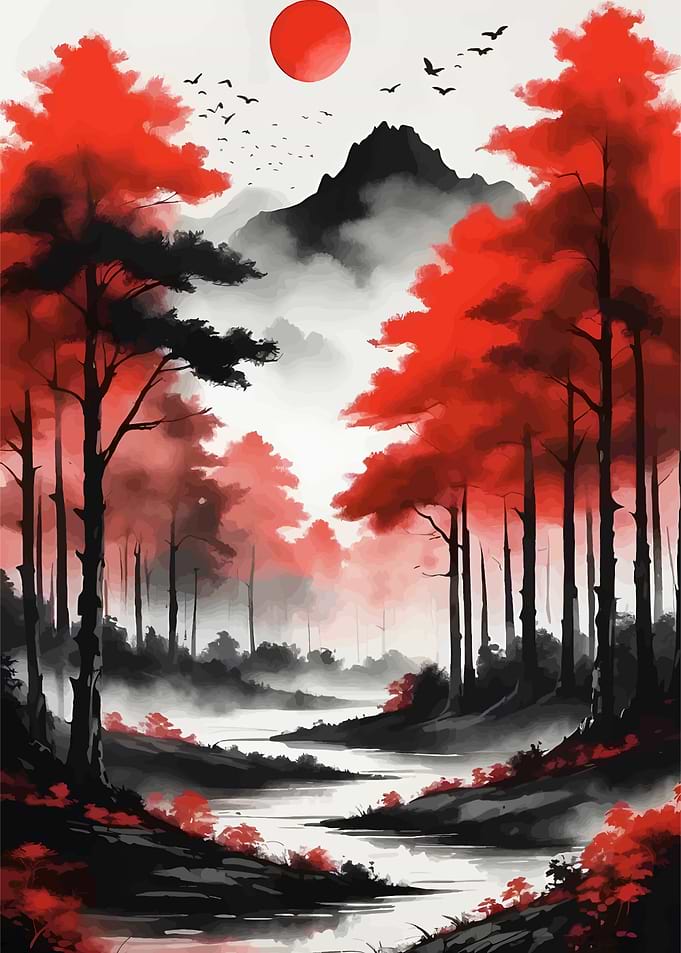Red Forest Landscape with River