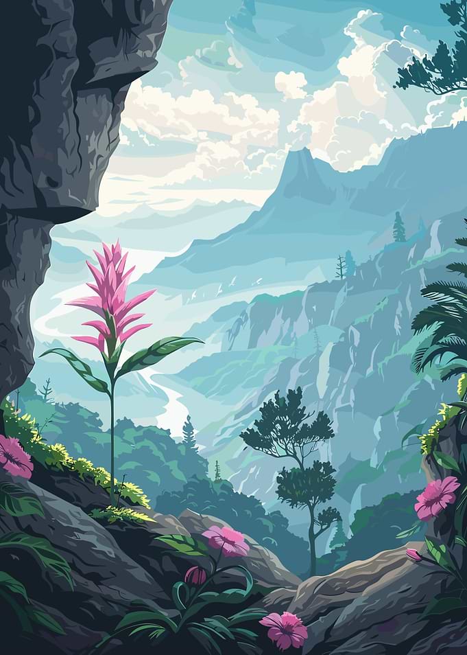 Mountain Landscape with Pink Flowers