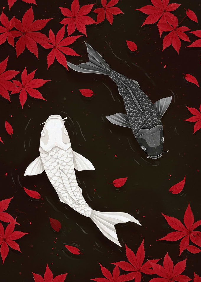 Koi Fish and Maple Leaves Illustration
